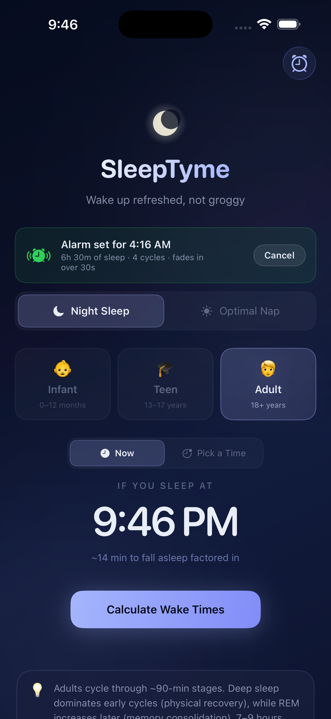 Alarm armed banner showing wake time and 30s fade