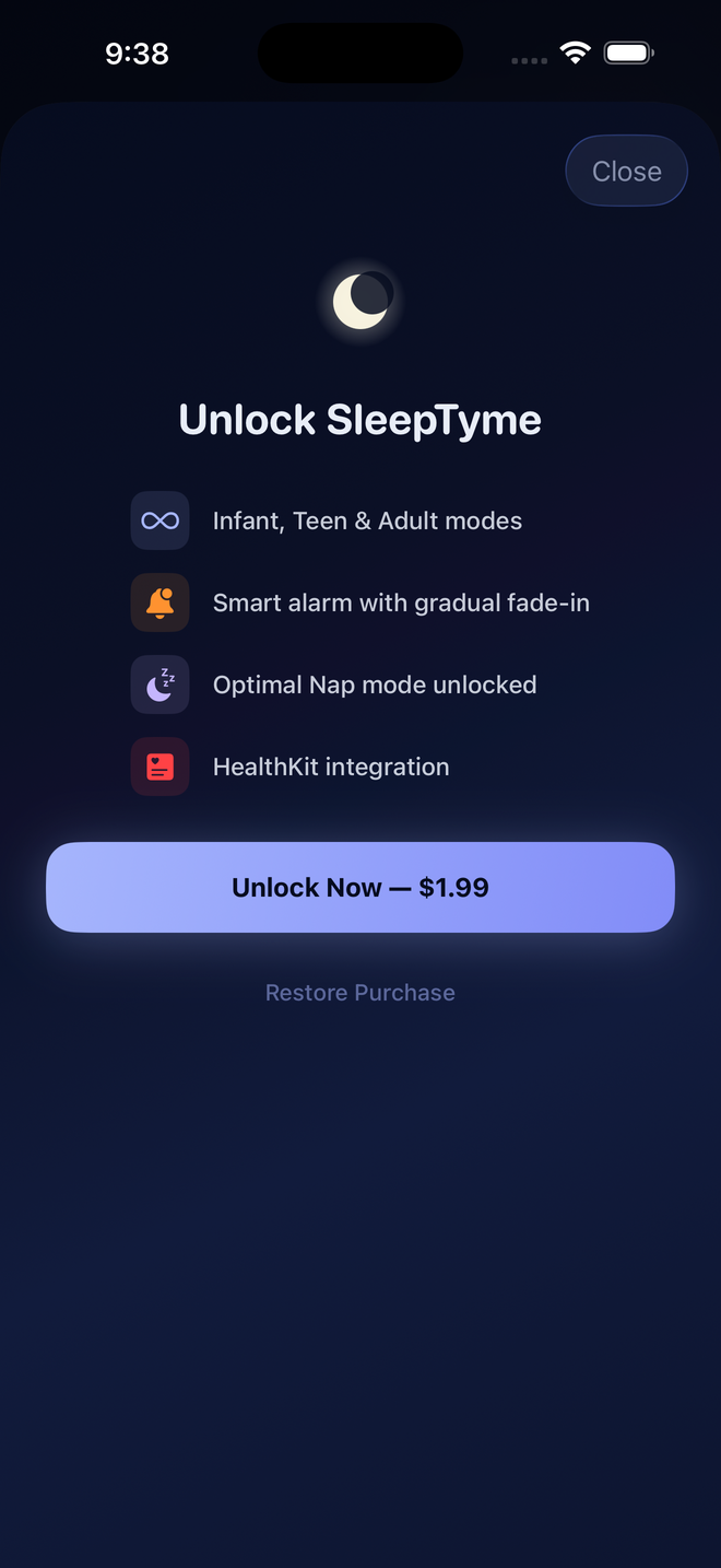 SleepTyme Pro paywall with feature list